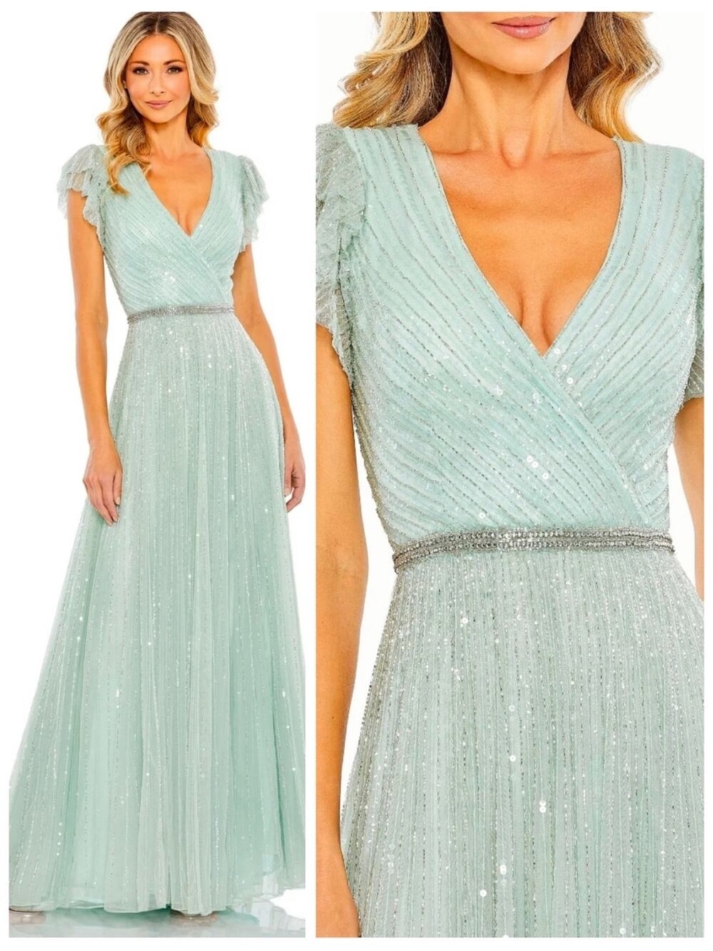 Mac Duggal Mint Green Sequin Gown with Beaded Waist